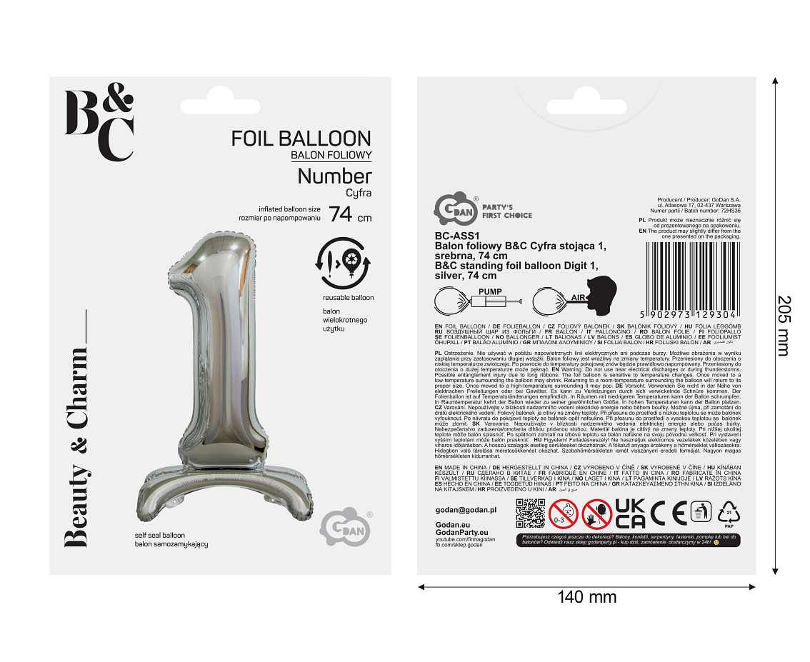 B&C standing foil balloon Digit 1, silver, 74 cm